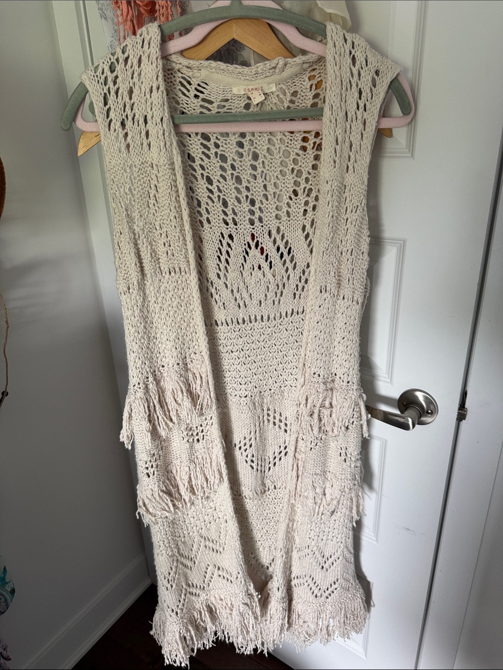 Esprit Cream Crochet Fringe Duster Vest